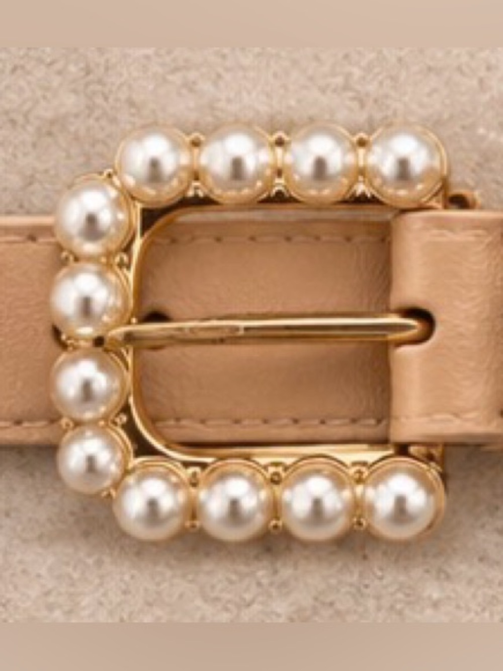 Elegant Pearl Buckle Skinny Belt – Nude Beige Gold Tone – Adjustable 29–33”